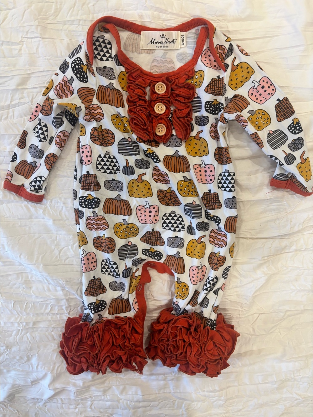 Marie Nicole White Pumpkin Print One-Piece with Rust Ruffle Trim